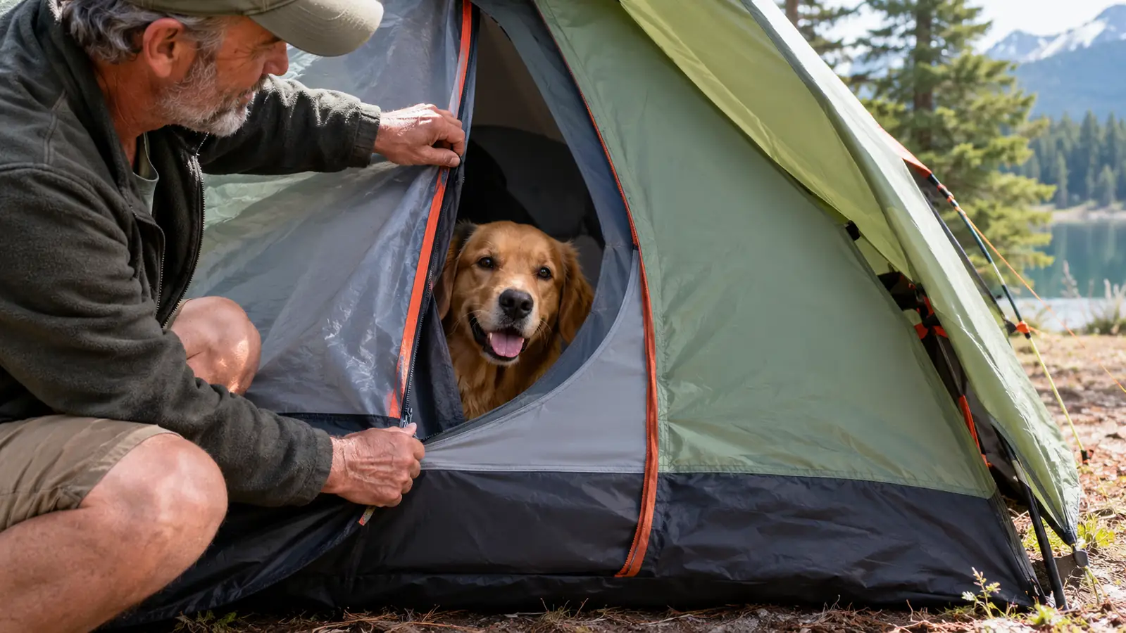 Hand unzipping the tent door while a dog pokes its head out