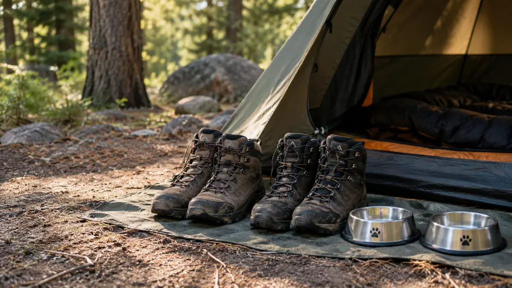 Two pairs of hiking boots and two dog water bowls lined up outside the tent door