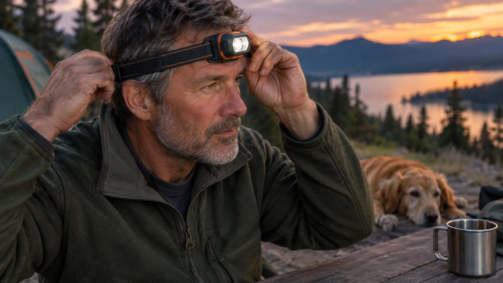 A hand adjusting the strap of a headlamp at a campsite picnic table at dusk.