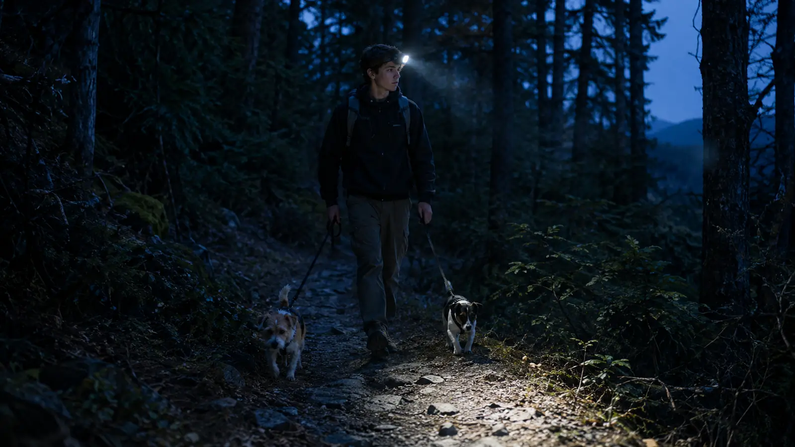 A teenage boy walking a dark forest trail with a headlamp, two dogs on leashes beside him.