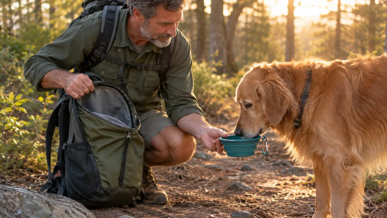 A parent reaching into an open packable daypack to hand a water bottle to a dog sitting on the trail