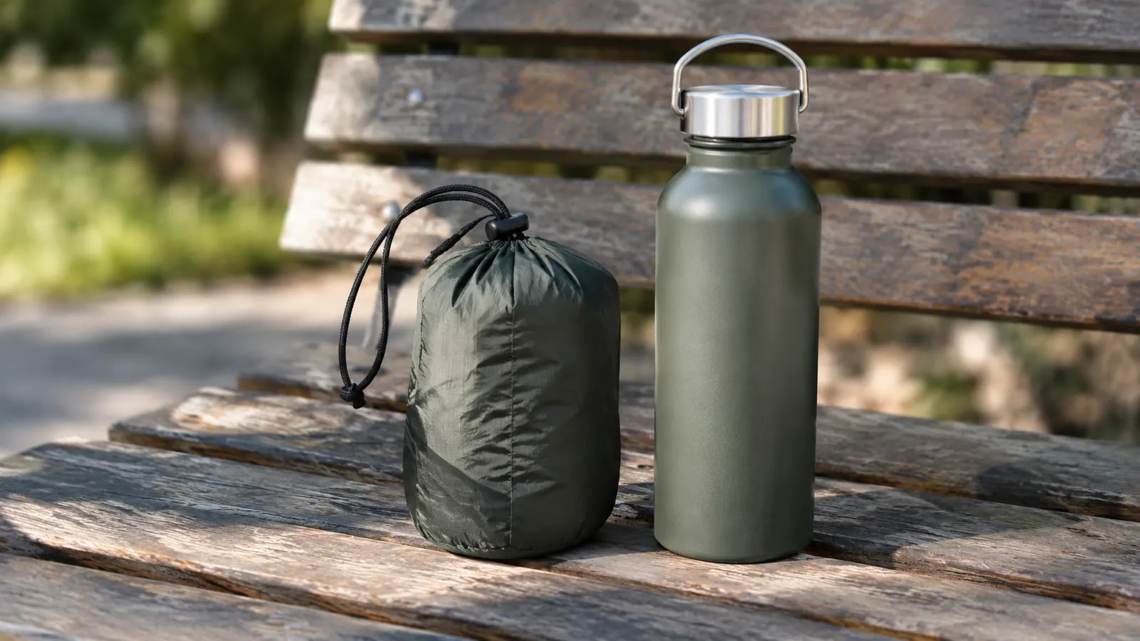 A small packable daypack folded into its own pocket next to a water bottle for scale