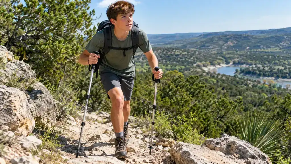 A teenage boy adjusting the wrist strap on a trekking pole while standing on a trail