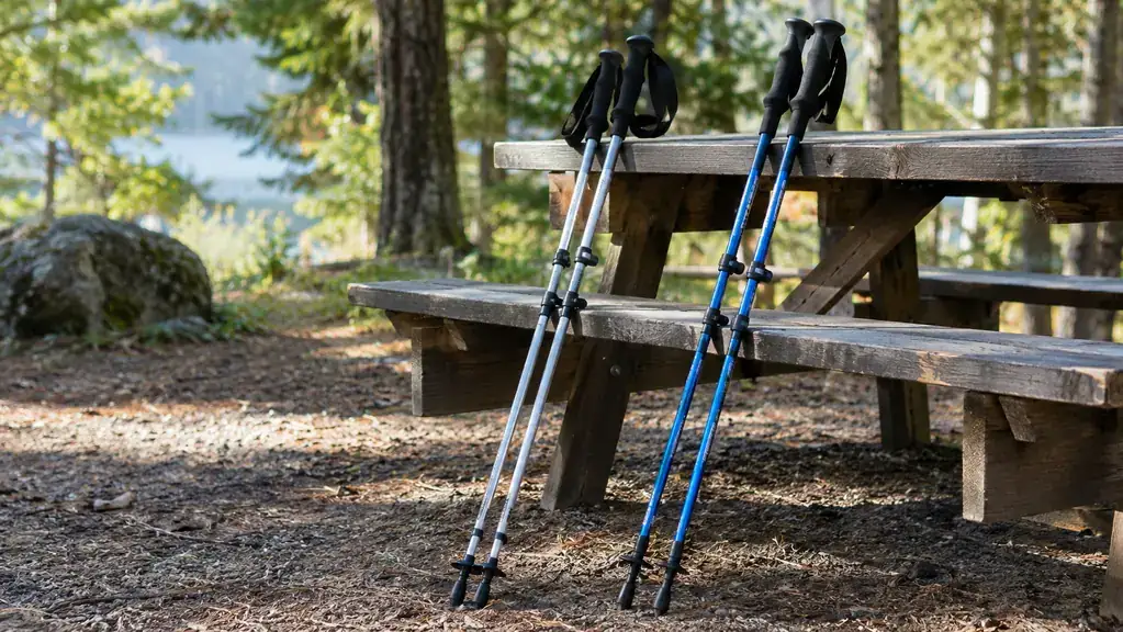 Two pairs of trekking poles leaning against a picnic table at a state park campground