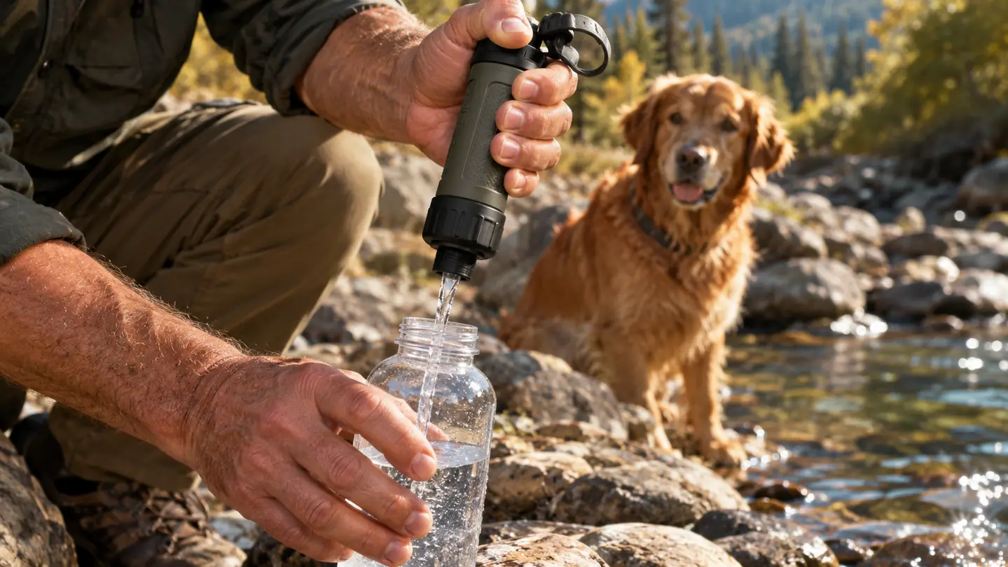 A hand squeezing water through a filter into a clear bottle at a rocky creek bank while a dog waits nearby