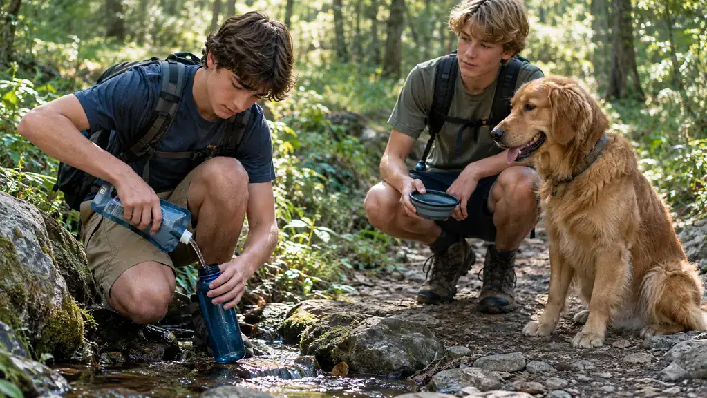 A teenage boy kneeling at a trailside creek filling a water bottle from a squeeze pouch, while another boy waits with a collapsible bowl for the dog