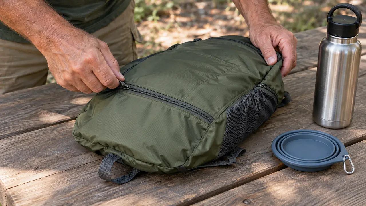 A hand zipping a lightweight packable daypack closed on a picnic table beside a stainless water bottle