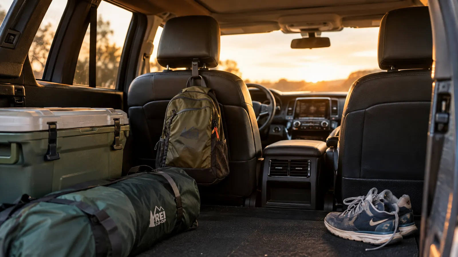 A small packable daypack hanging from a car headrest inside a family SUV, packed for a weekend trip
