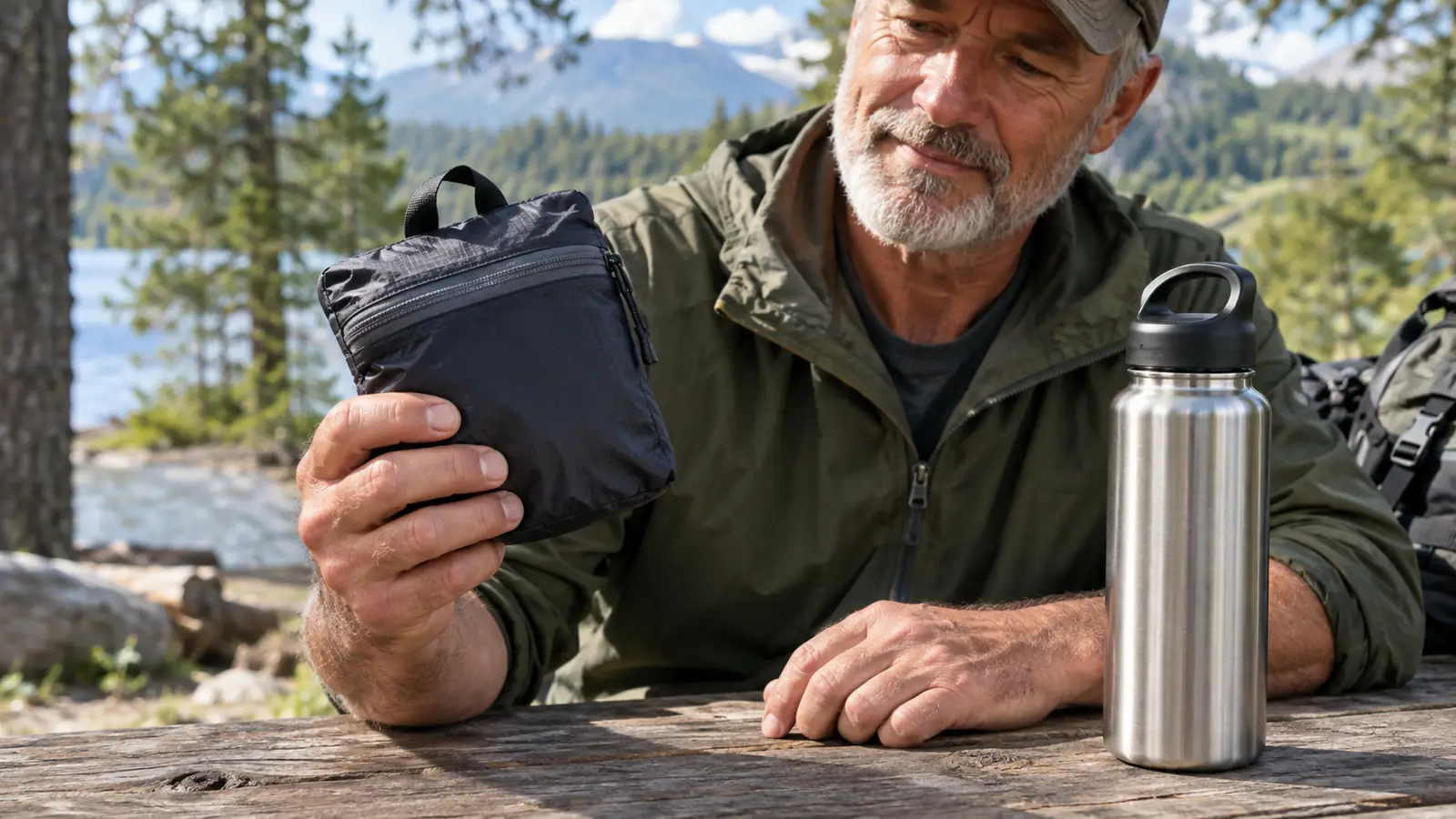 A person holds a folded packable daypack in one hand next to a water bottle on a picnic table
