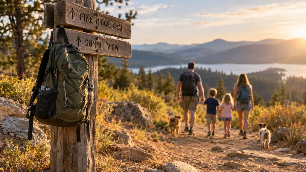 A small daypack hangs from a trailhead signpost while a family group walks away down a dirt path
