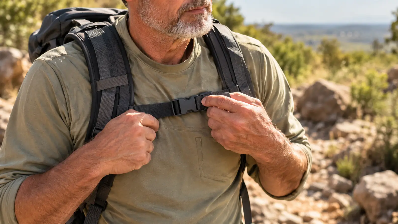A hiker's hands adjusting the chest strap of a lightweight daypack on a rocky trail