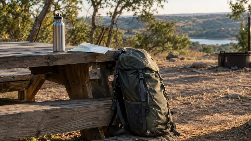 A daypack leaning against a wooden picnic table at a Texas state park campground with a stainless steel water bottle and a folded trail map beside it