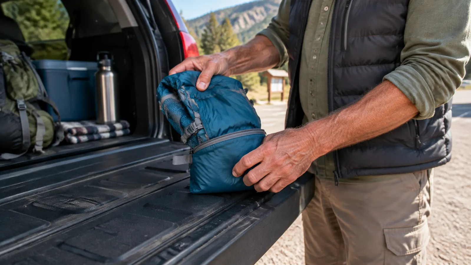 A hand folding a packable daypack into its own small pocket on the tailgate of an SUV