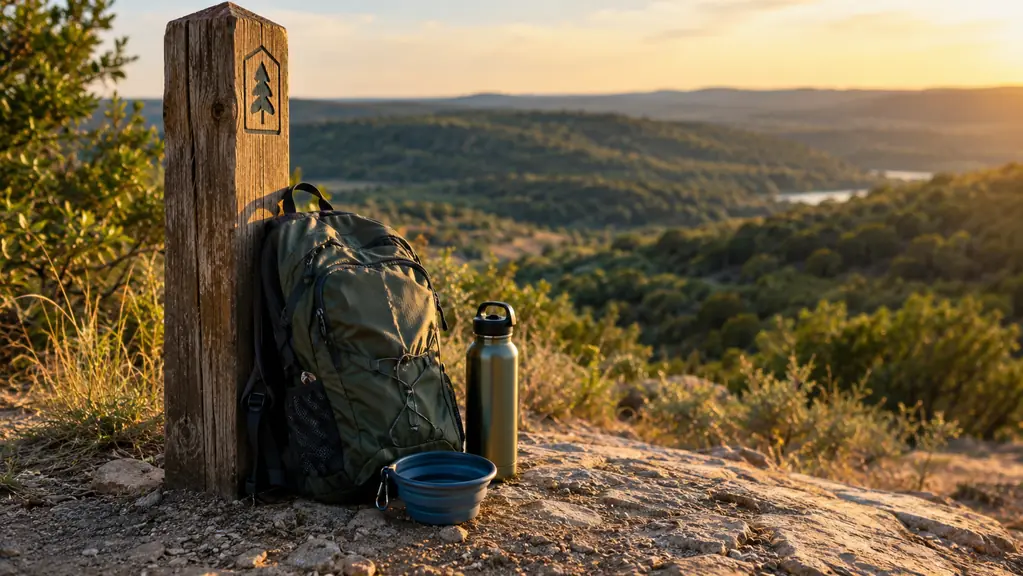 A small daypack leaning against a trail marker post at a state park overlook, with a collapsible dog bowl beside it