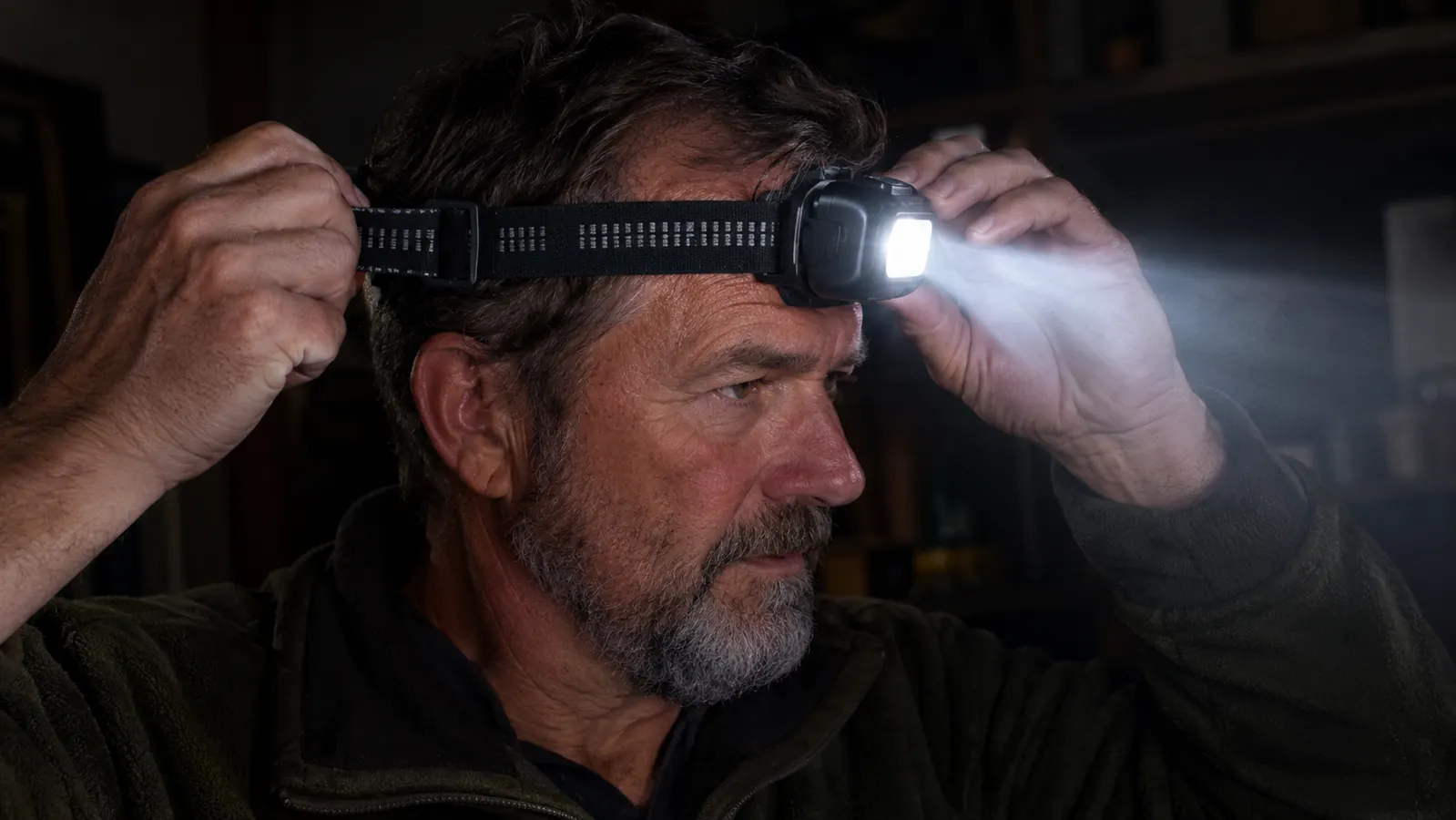 A hand adjusting a headlamp strap on a person's head in a dim room