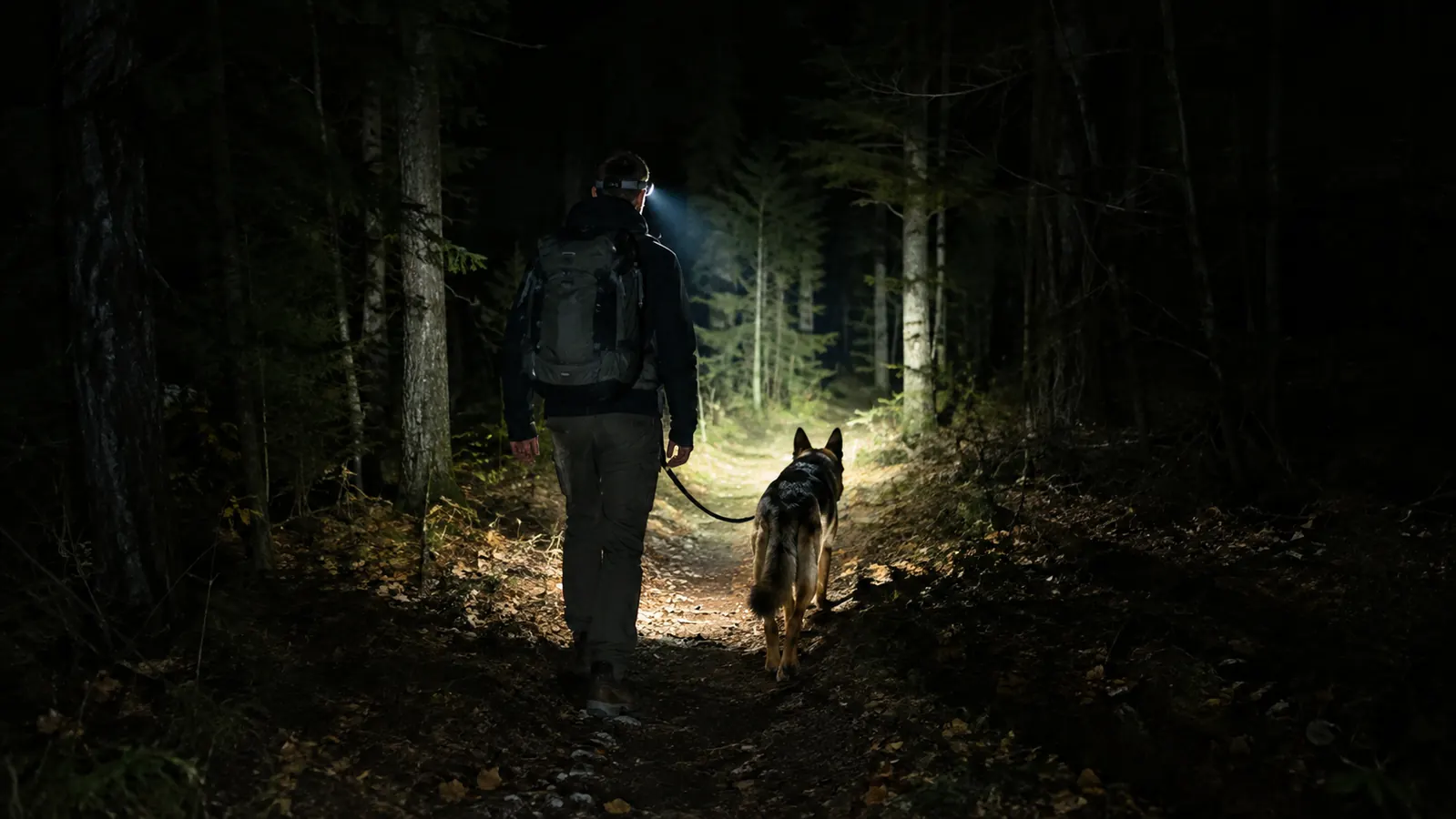A person walking a dog on a dark trail at night, lit only by a headlamp beam