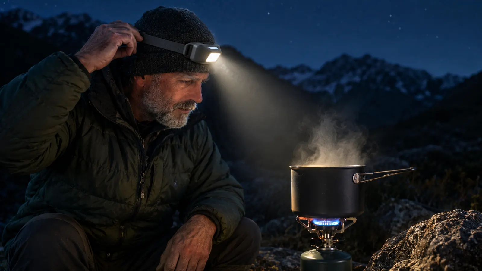 A person adjusting a headlamp strap over a hat while cooking at a camp stove in the dark