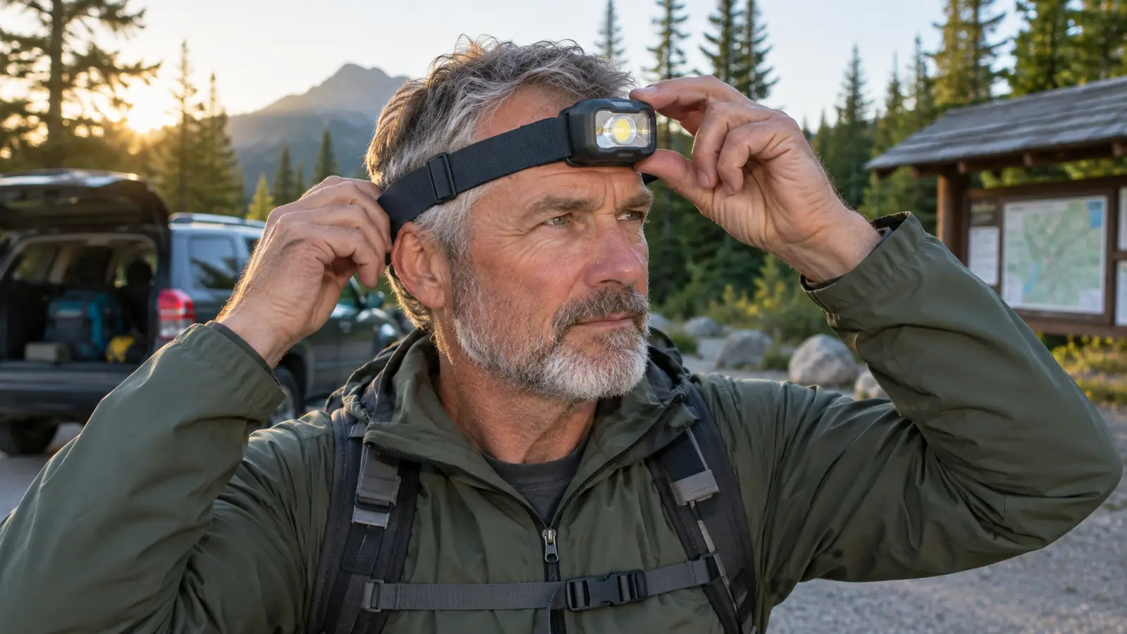 A hand adjusting a headlamp strap on a person's head at a trailhead