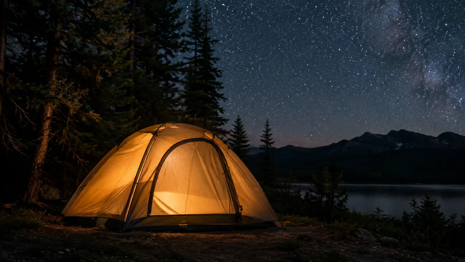 A tent glowing inside at night with a headlamp beam visible through the mesh