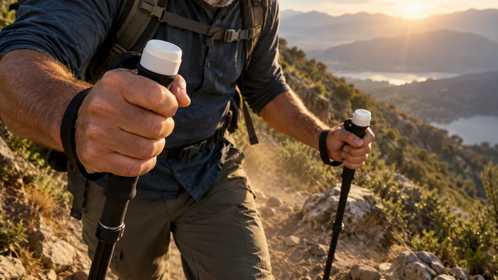 A hiker's hands gripping trekking poles on a rocky downhill trail