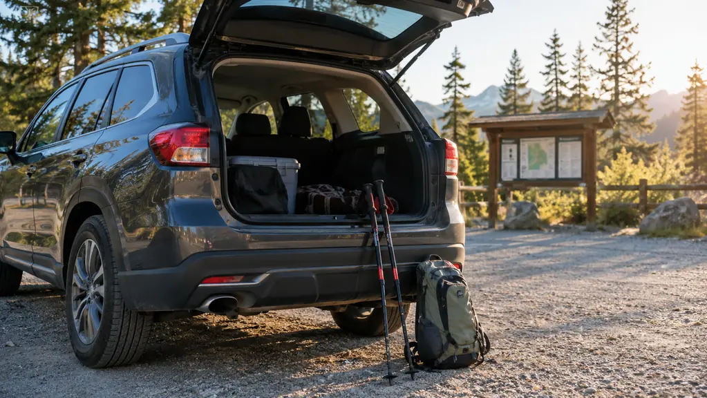 A family SUV parked at a trailhead with trekking poles resting against the tailgate