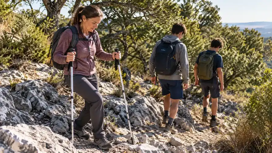 A teenage boy climbs a rocky trail using a pair of trekking poles.