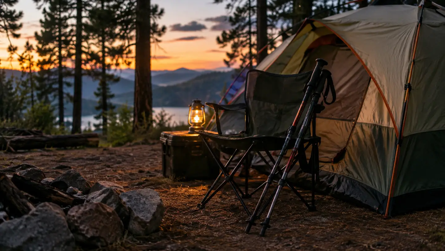 Trekking poles leaning against a camp chair beside a tent at dusk.