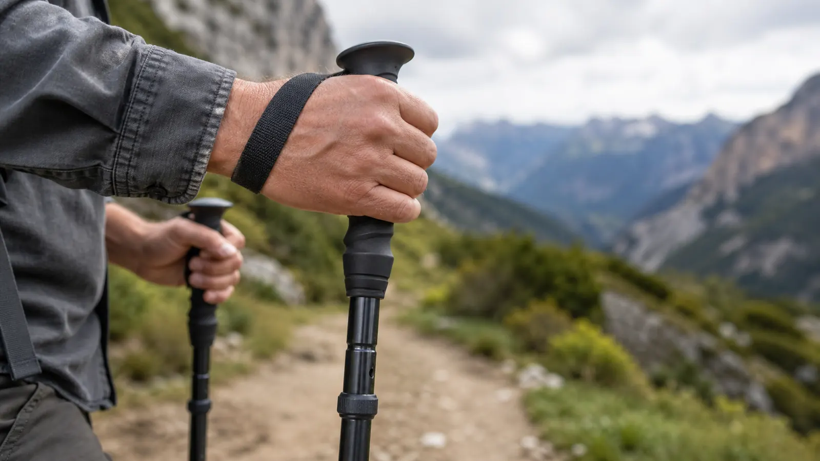 A hand holding a trekking pole grip with a long extended grip, on a trail