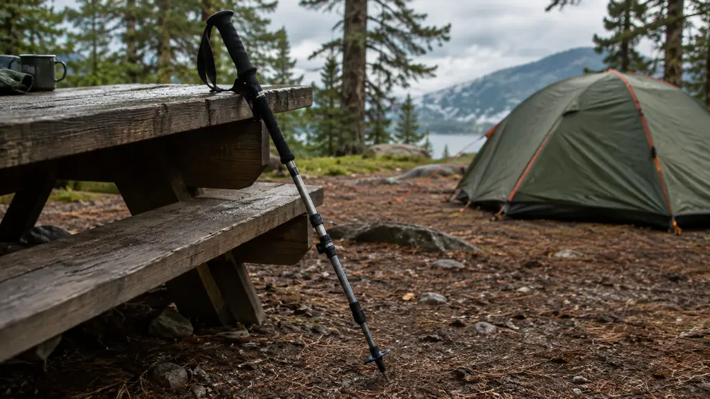 A trekking pole leaning against a picnic table at a campsite with a tent in the background