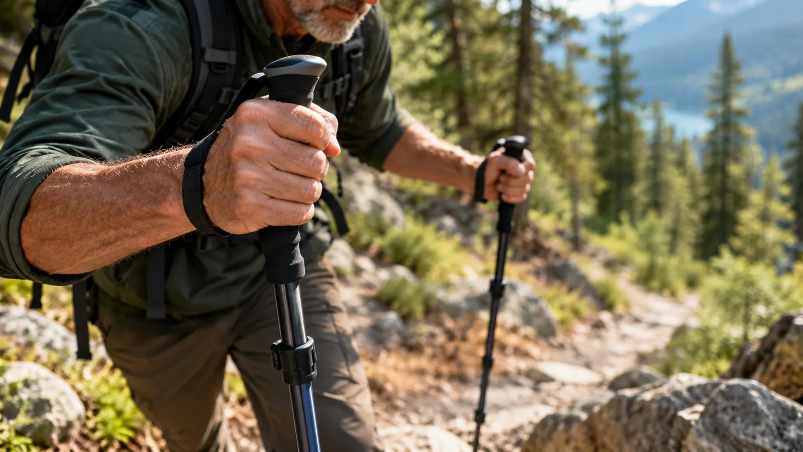 A close view of a hand gripping a trekking pole on a rocky downhill trail