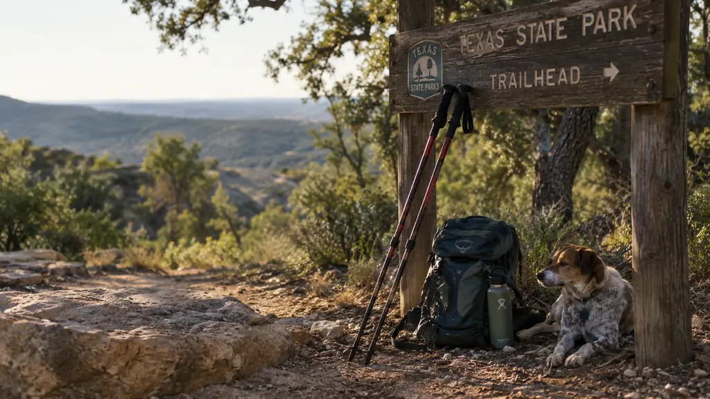 Two trekking poles leaning against a wooden trailhead sign with a small dog resting in the shade nearby
