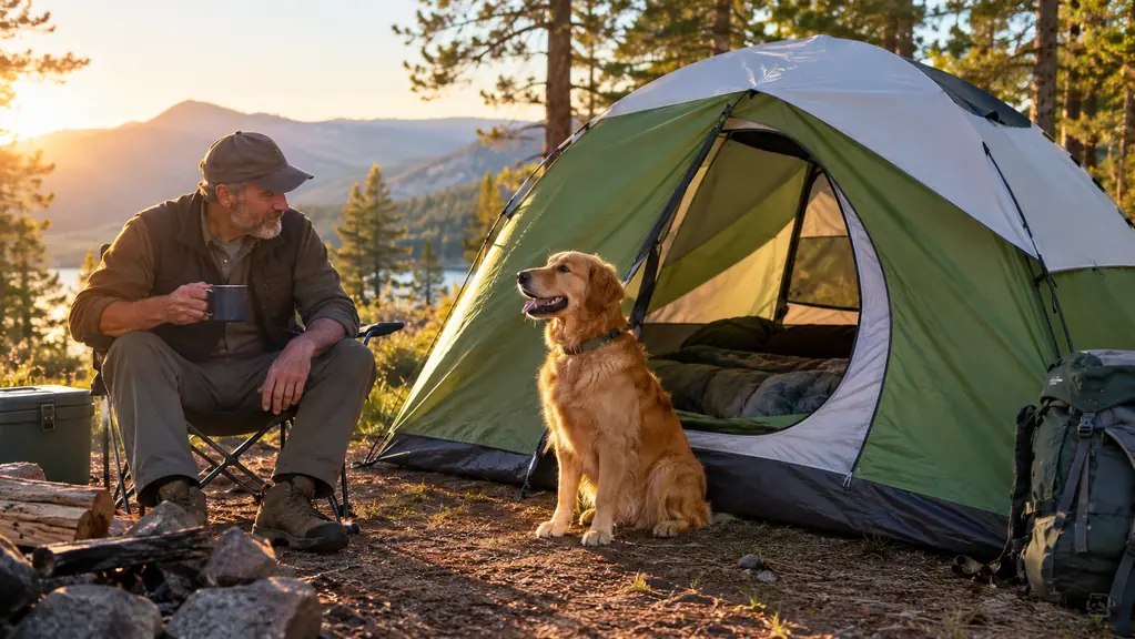 A hand unzipping the tent door while a dog waits outside in the morning light