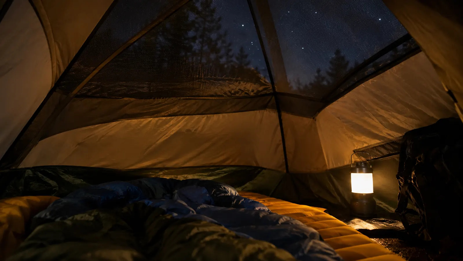 Inside the tent at night, a small lantern glowing and sleeping bags laid out on the floor