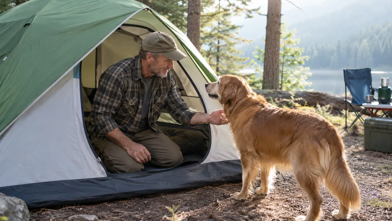 A woman kneeling at the open door of the Coleman Sundome tent, reaching for a dog standing just outside