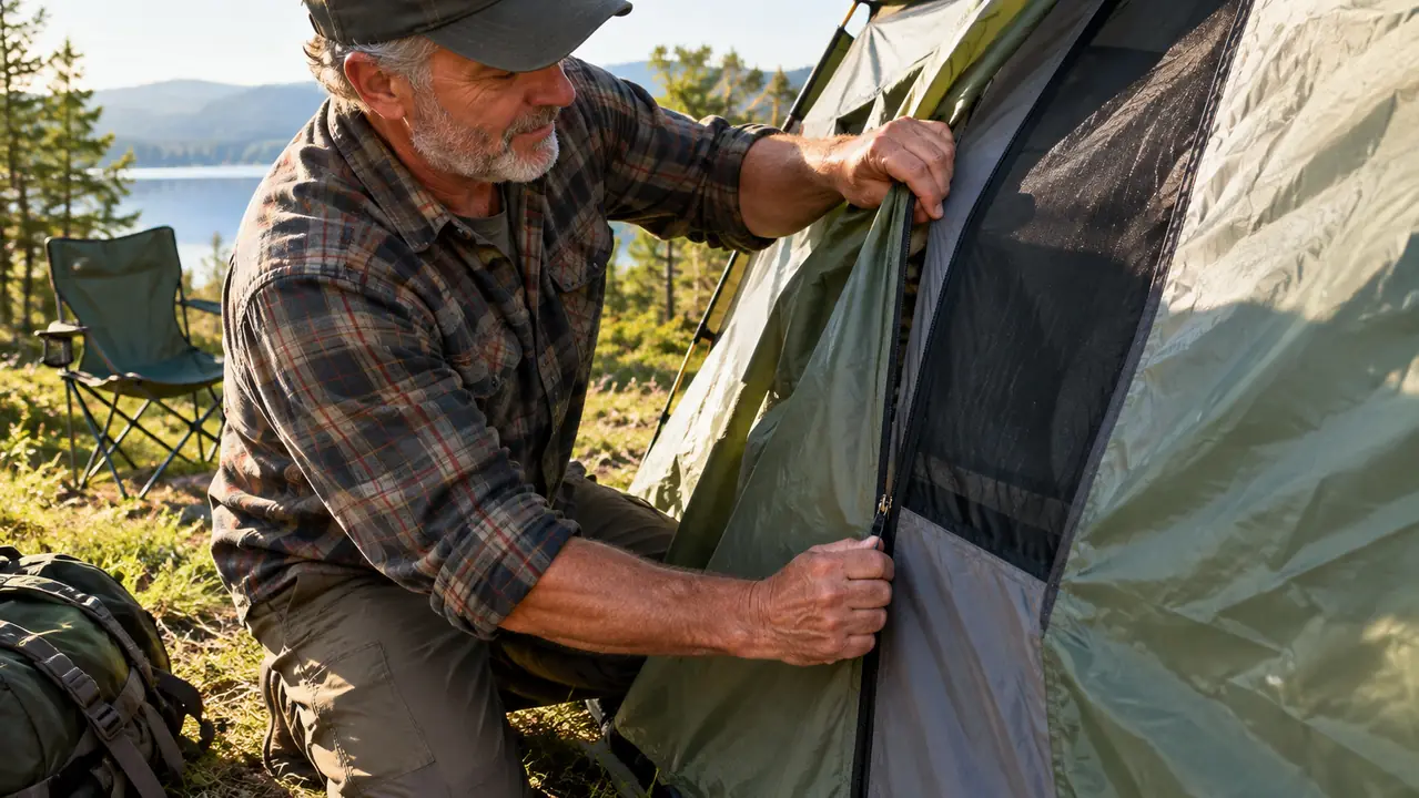 A hand zipping the door of a dome tent shut at a campsite