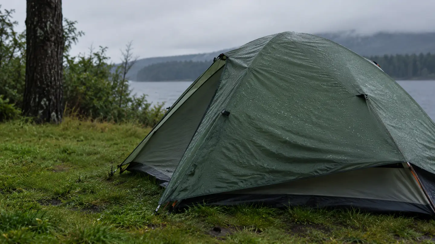 A dome tent standing in light rain at a campsite, water beading on the fly