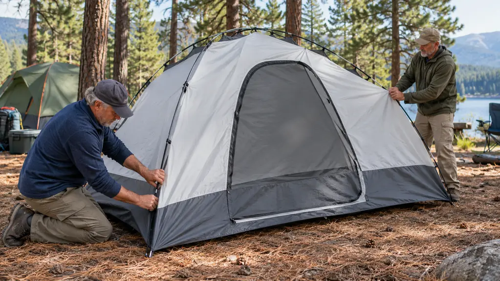 A person kneeling and guiding a large dome tent pole through a sleeve while a teenage boy holds the opposite corner, tent body in mid-setup on pine needles