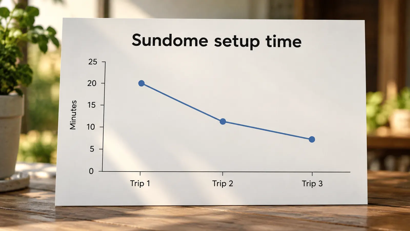 A simple line chart showing tent setup time dropping from about twenty minutes to under ten minutes over three camping trips
