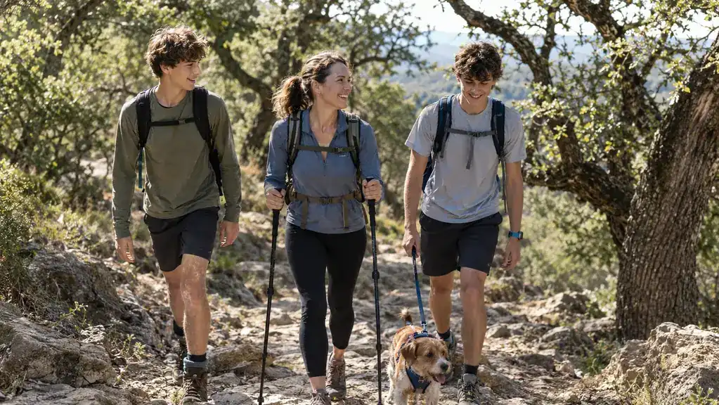 A mother and two teenage sons hiking a sunny wooded trail with daypacks and trekking poles, a small dog trotting beside them