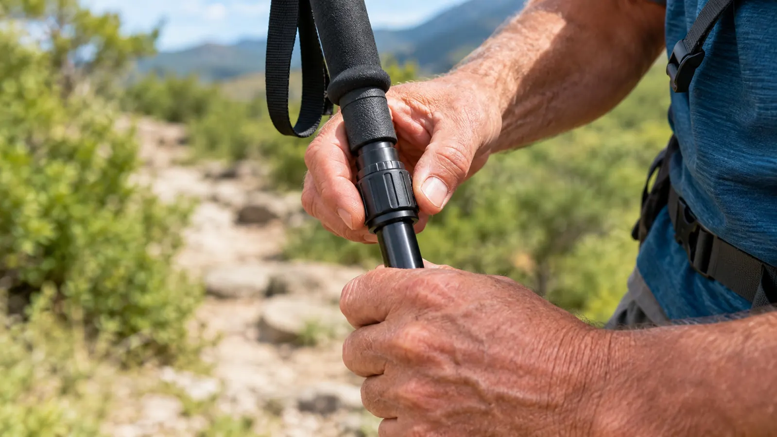 Close view of a hand turning a twist lock on a trekking pole while the other hand holds the lower section