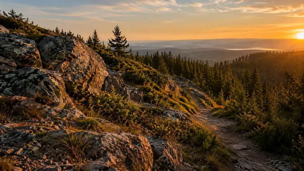 A treeline with a winding trail descending from a rocky ridge in late afternoon light