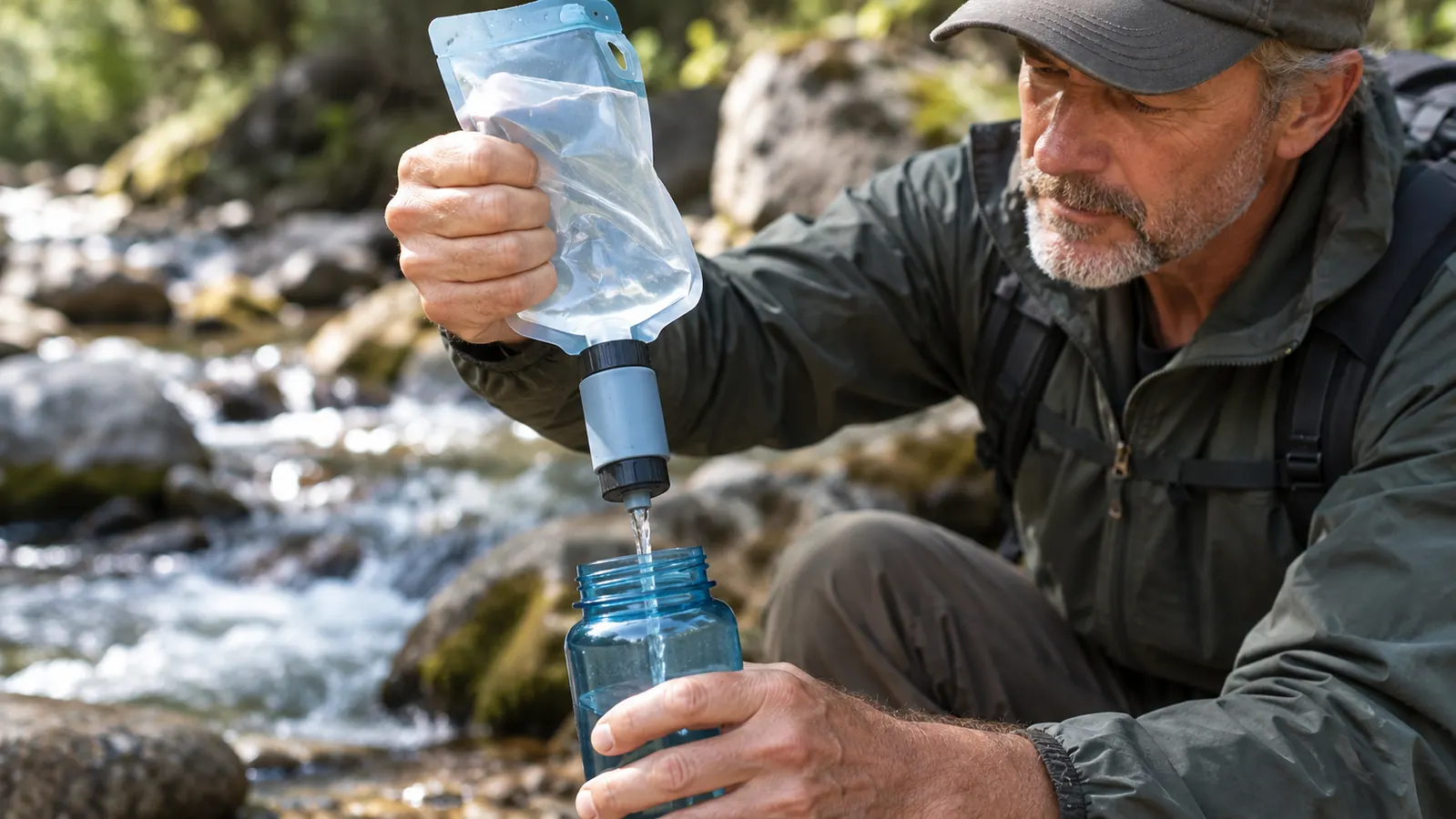 A hand squeezing a water filter pouch, filtered water flowing into a standard water bottle held beside a creek