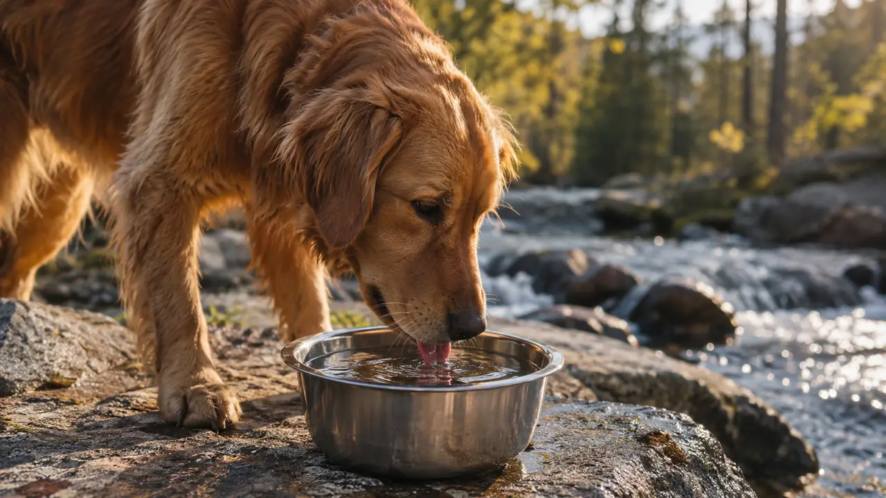 A stainless steel bowl of water on a flat rock beside a creek, a dog drinking from the bowl
