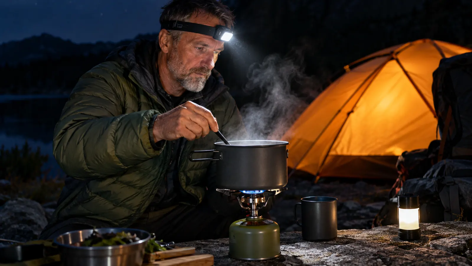 A person wearing a headlamp while cooking at a camp stove at night