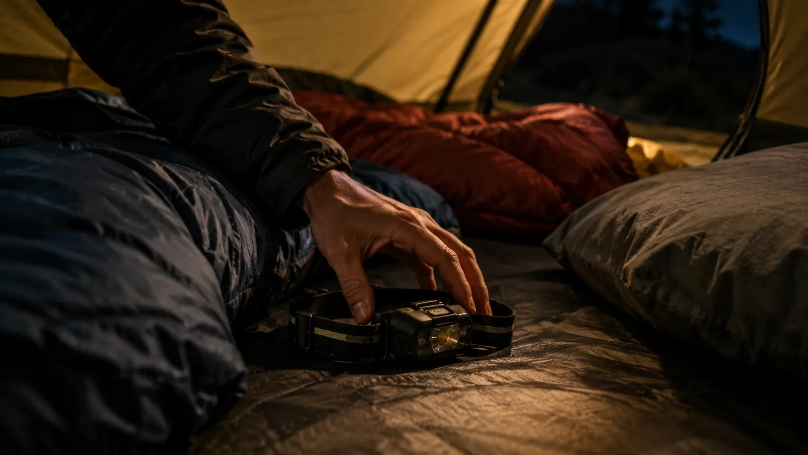 A hand reaching for a headlamp on the floor of a tent at night