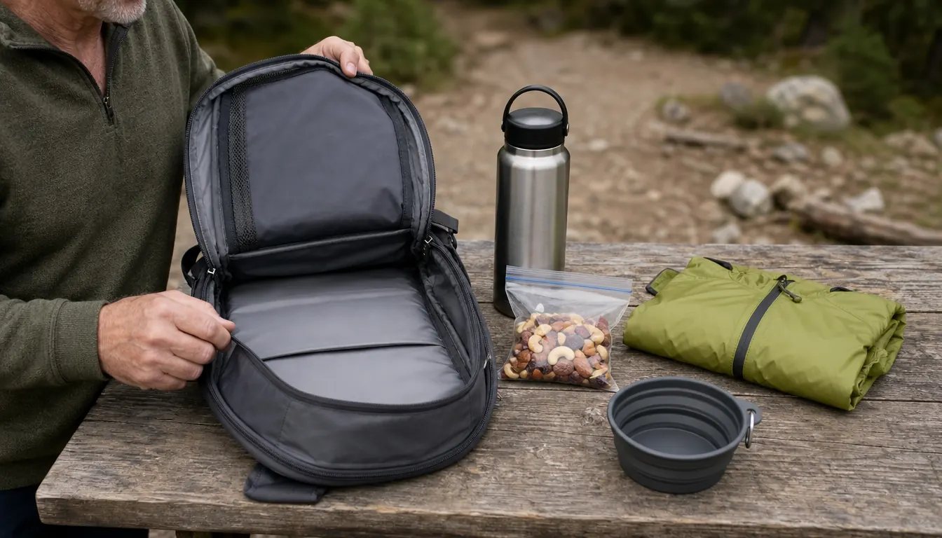 An open daypack on a wooden picnic table with a water bottle, a snack bag, a folded rain shell, and a collapsible dog bowl laid out beside it.