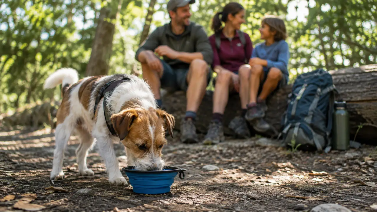 A dog drinking from a collapsible bowl on a shaded trail while a family rests on a fallen log in the background.