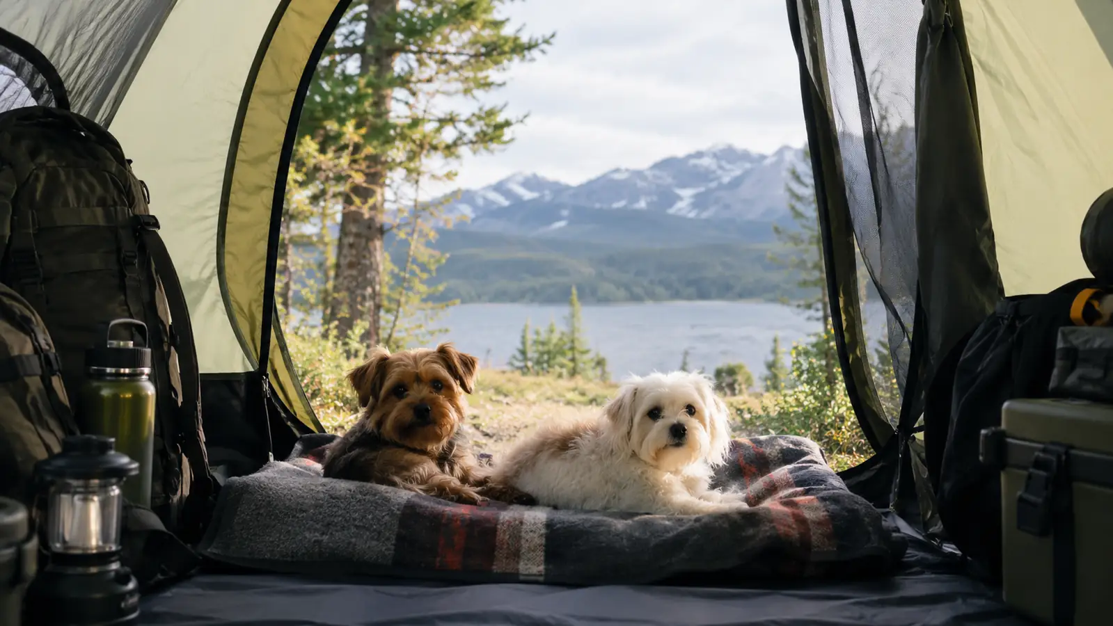 Two small dogs resting on a folded blanket inside the tent doorway