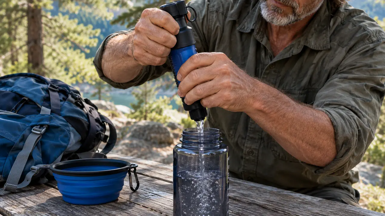 Hands squeeze a water filter into a wide-mouth bottle at a trailside picnic table