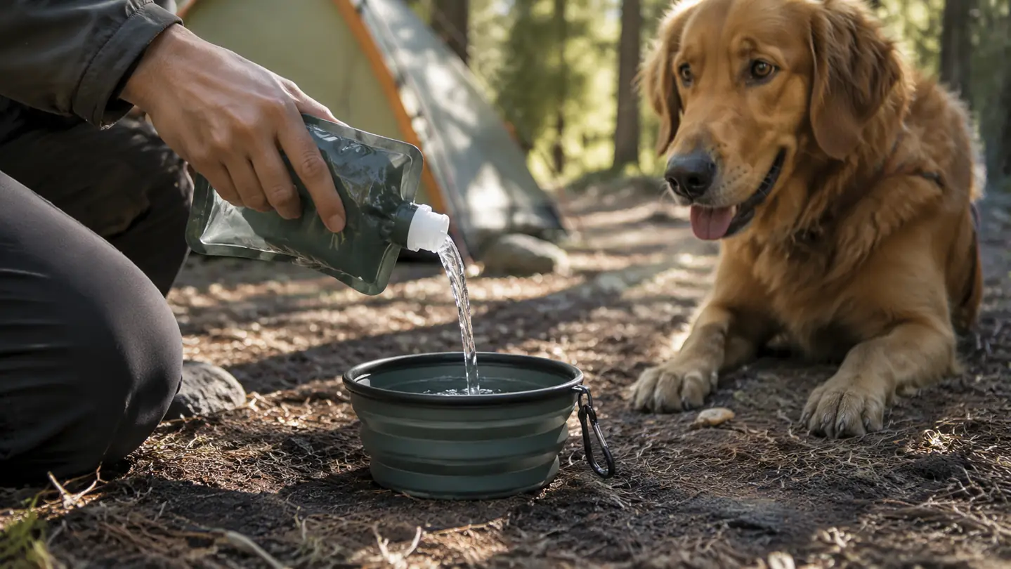 A collapsible dog bowl is filled from a squeeze pouch at a shaded campsite